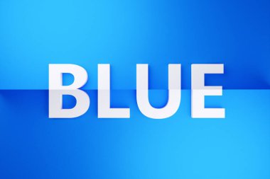 Parlak mavi izole arkaplan üzerinde BLUE beyaz harfleriyle 3d illüstrasyon hacmi yazımı. Renk simgesi