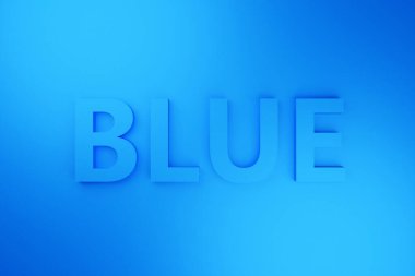 Parlak mavi izole bir arkaplan üzerinde BLUE harfleriyle 3d illüstrasyon hacmi yazımı. Renk simgesi