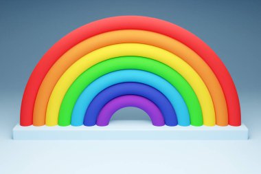 Gri bir arka planda gökkuşağı yuvarlak kemerinin üç boyutlu çizimi. Büyülü diyara giden uzun renkli topların geçidi.