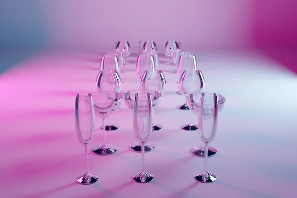 シャンパン ウイスキー コニャック マティーニ 小さなガラスのための3Dイラストグラスは美しく輝き ピンクの孤立した背景にも列に立っています — ストック写真