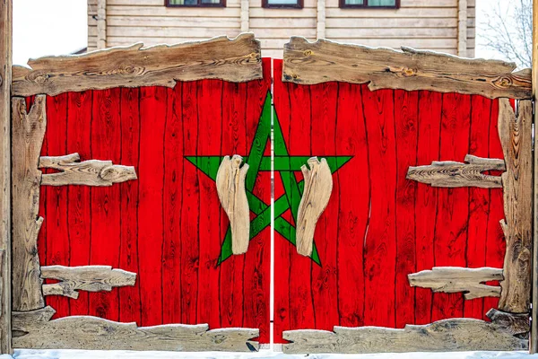 Gros Plan Drapeau National Maroc Sur Une Porte Bois Entrée — Photo