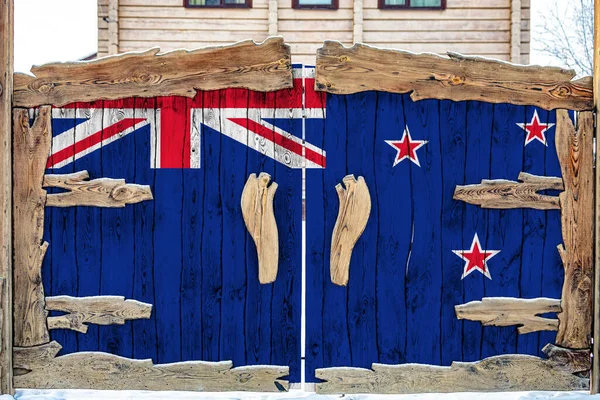 Zéland Nemzeti Zászlójának Közelsége Egy Fából Készült Kapun Zárt Terület — Stock Fotó