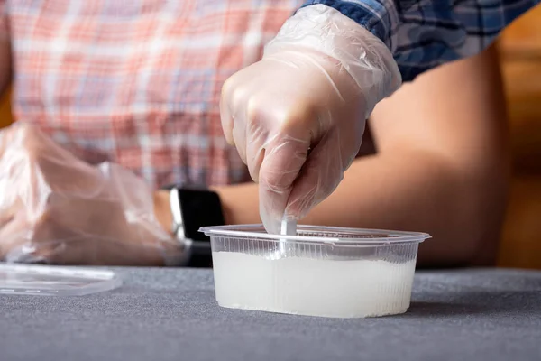 Chemistry Education Study Concept Close Boy Stirring Mixture Measuring Spoon — Stock Photo, Image