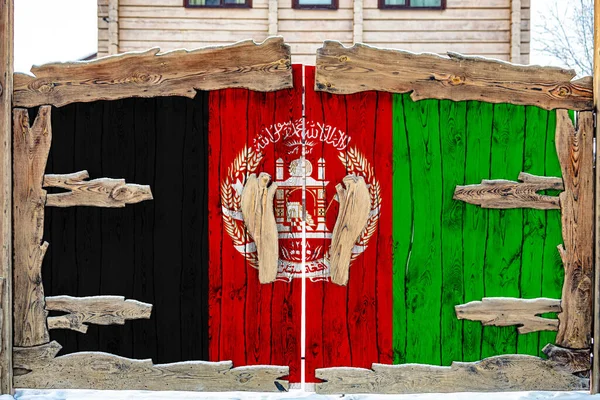 Primer Plano Bandera Nacional Afganistán Una Puerta Madera Entrada Del — Foto de Stock