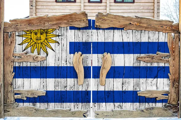 Primer Plano Bandera Nacional Uruguay Una Puerta Madera Entrada Del — Foto de Stock