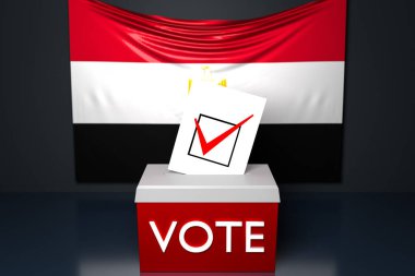 Bir oy sandığının ya da oy pusulasının 3d çizimi, yukarıdan bir oy pusulasının düştüğü, arka planda Mısır ulusal bayrağı olan. Oylama ve seçim kavramı