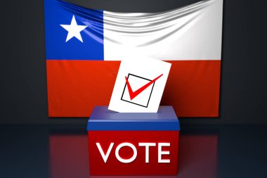 Bir oy sandığının ya da oy sandığının 3d çizimi, arka planda Şili ulusal bayrağı bulunan bir oy pusulasının yukardan düştüğü. Oylama ve seçim kavramı