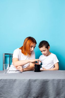 Anne ve oğlu, tohum ekmek ve mavi arka planda bir ev bitkisi yetiştirmek için siyah bir tencereye toprak koydular. Çocuklarla bahçe kursu kavramı.