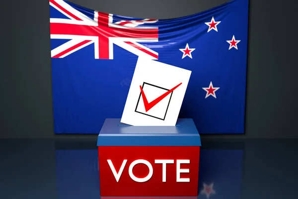3d illustration of a ballot box or ballot box, into which a ballot bill falls from above, with the Australia national flag in the background. Voting and choice concept