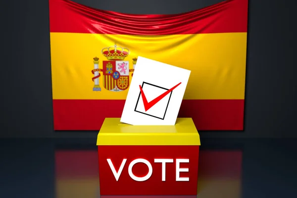 3d illustration of a ballot box or ballot box, into which a ballot bill falls from above, with the  national flag of Spain in the background. Voting and choice concept