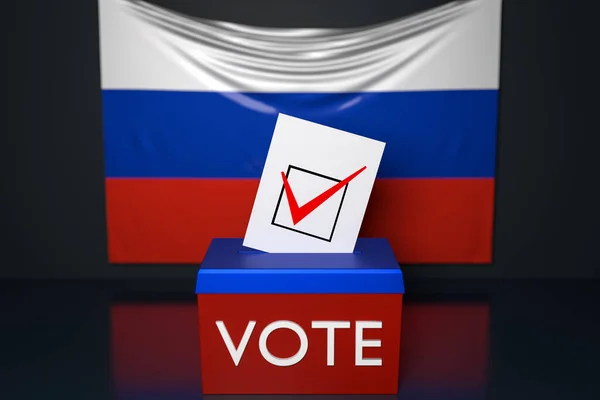 3d illustration of a ballot box or ballot box, into which a ballot bill falls from above, with the  national flag of Russia in the background. Voting and choice concept