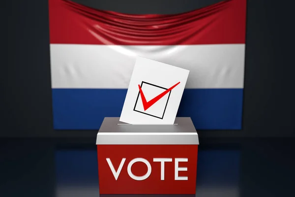 3d illustration of a ballot box or ballot box, into which a ballot bill falls from above, with the  national flag of Netherland