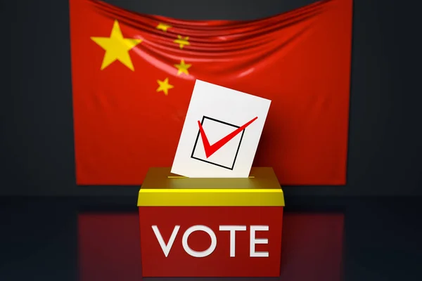 3d illustration of a ballot box or ballot box, into which a ballot bill falls from above, with the  national flag of China in the background. Voting and choice concept