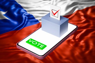 Arkasında Şili 'nin ulusal bayrağı olan akıllı bir telefonun üzerinde reklam panosu olan bir oy sandığının 3 boyutlu resmi. Çevrimiçi oylama kavramı, seçimlerin dijital hale getirilmesi