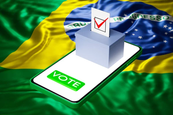 3d illustration of a voting box with a billboard standing on a smartphone, with the national flag of Brazil in the background. Online voting concept, digitalization of elections