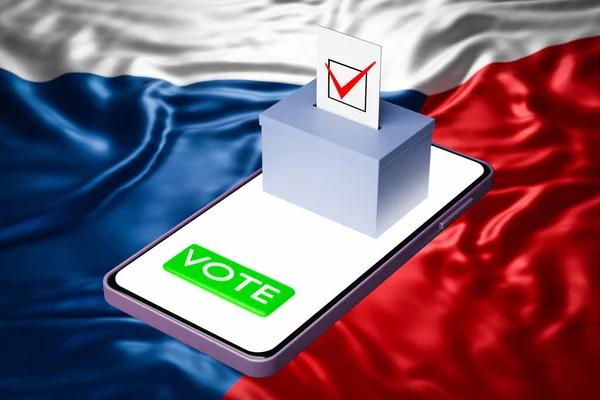 3d illustration of a voting box with a billboard standing on a smartphone, with the national flag of Czech in the background. Online voting concept, digitalization of elections
