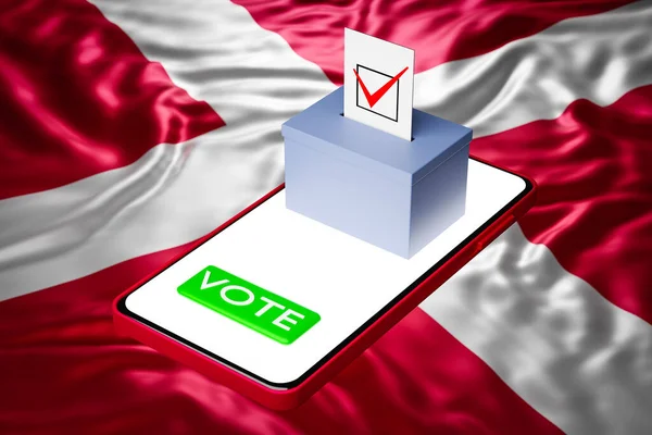 3d illustration of a voting box with a billboard standing on a smartphone, with the national flag of Denmark in the background. Online voting concept, digitalization of elections