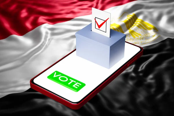 3d illustration of a voting box with a billboard standing on a smartphone, with the national flag of Egypt in the background. Online voting concept, digitalization of elections