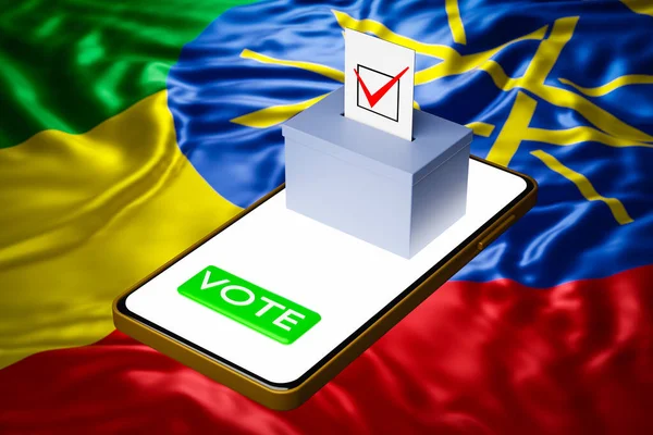 3d illustration of a voting box with a billboard standing on a smartphone, with the national flag of Ethiopia in the background. Online voting concept, digitalization of elections
