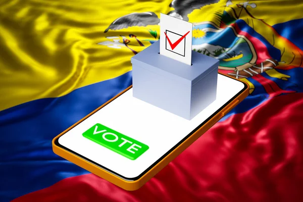 3d illustration of a voting box with a billboard standing on a smartphone, with the national flag of Ecuador in the background. Online voting concept, digitalization of elections