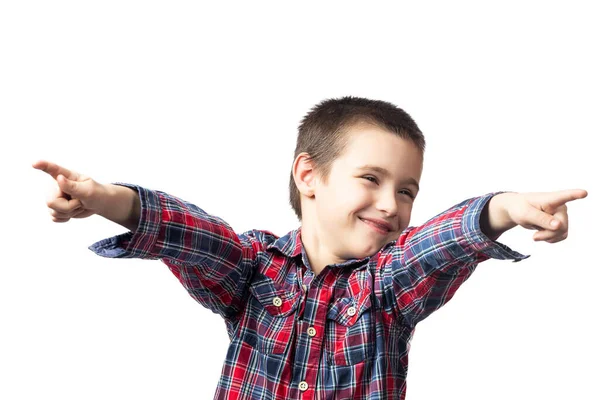 Retrato Niño Sonriente Una Camisa Cuadros Señala Sus Dedos Una — Foto de Stock