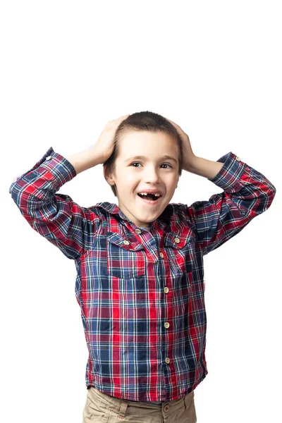 Porträt Eines Lächelnden Jungen Karierten Hemd Der Seinen Kopf Hält — Stockfoto