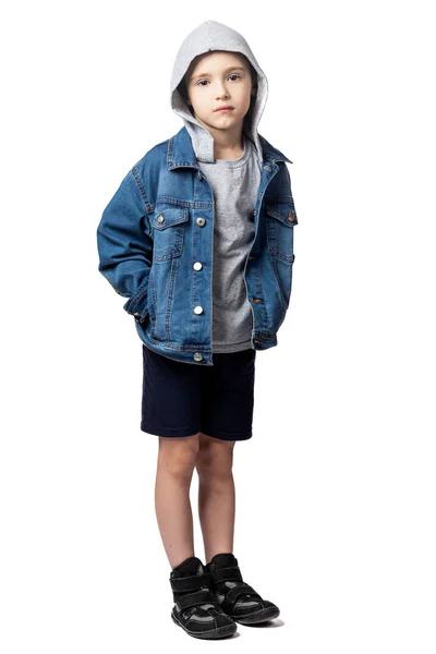 Portrait Sad Boy Denim Jacket Holds Hands Pockets Very Afraid — Stock Photo, Image