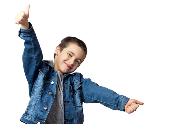 Retrato Niño Sonriente Alegre Chaqueta Mezclilla Mostrando Los Pulgares Hacia — Foto de Stock