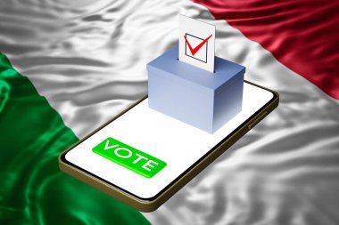 Arka planda İtalya 'nın ulusal bayrağı olan akıllı bir telefonun üzerinde reklam panosu olan bir oy sandığının 3D çizimi. Çevrimiçi oylama kavramı, seçimlerin dijital hale getirilmesi