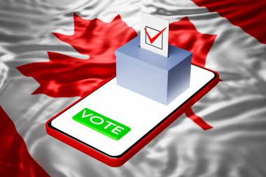 Akıllı telefonun üzerinde duran ve arka planda Kanada 'nın ulusal bayrağı olan bir reklam panosunun 3D çizimi. Çevrimiçi oylama kavramı, seçimlerin dijital hale getirilmesi