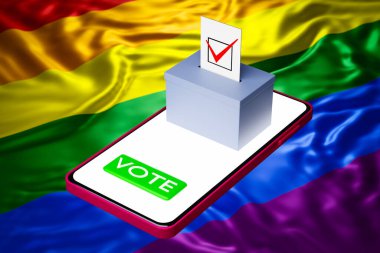 Akıllı telefonun üzerinde duran ve arka planında LGBT bayrağı olan bir reklam panosunun 3D çizimi. Çevrimiçi oylama kavramı, seçimlerin dijital hale getirilmesi