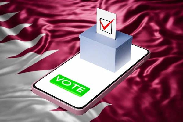 3d illustration of a voting box with a billboard standing on a smartphone, with the national flag of Qatar in the background. Online voting concept, digitalization of elections