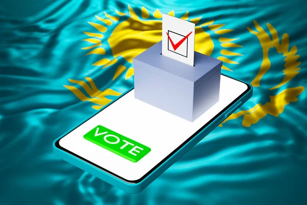 3d illustration of a voting box with a billboard standing on a smartphone, with the national flag of Kazakhstan in the background. Online voting concept, digitalization of elections