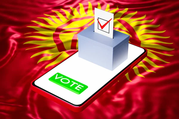 3d illustration of a voting box with a billboard standing on a smartphone, with the national flag of Kyrgyzstan in the background. Online voting concept, digitalization of elections