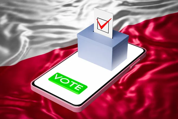 3d illustration of a voting box with a billboard standing on a smartphone, with the national flag of Poland in the background. Online voting concept, digitalization of elections