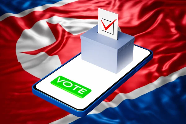 3d illustration of a voting box with a billboard standing on a smartphone, with the national flag of North Korea in the background. Online voting concept, digitalization of elections