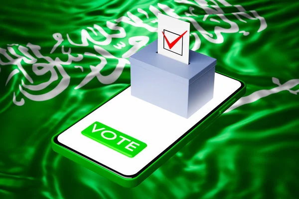 3D图片 一个投票箱 一个广告牌站在智能手机上 背后挂着沙特阿拉伯国旗 网上投票概念 选举数字化 — 图库照片