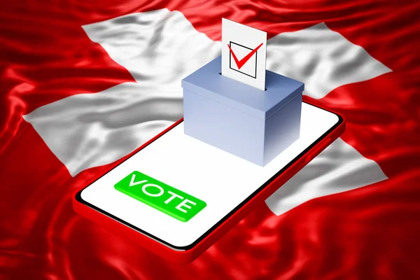 3d illustration of a voting box with a billboard standing on a smartphone, with the national flag of Switzerland in the background. Online voting concept, digitalization of elections