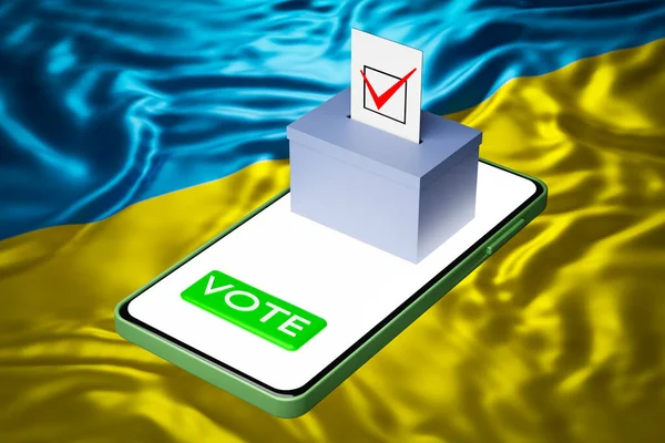 3d illustration of a voting box with a billboard standing on a smartphone, with the national flag of Ukraine in the background. Online voting concept, digitalization of elections