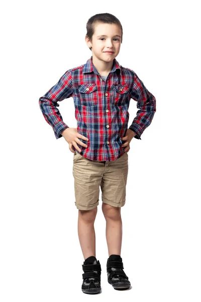 Retrato Niño Sonriente Con Camisa Cuadros Tomados Las Manos Los — Foto de Stock