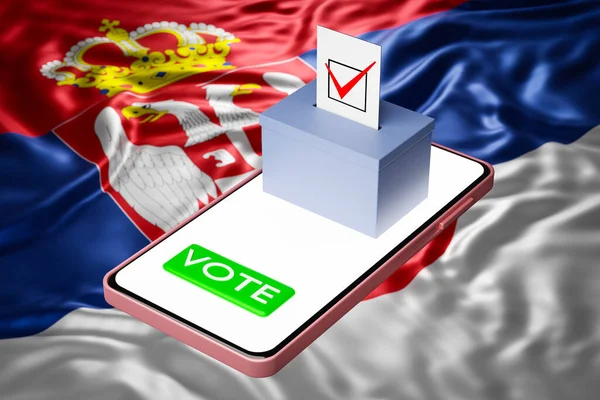 Illustration Voting Box Billboard Standing Smartphone National Flag Serbia Background — Stock Photo, Image