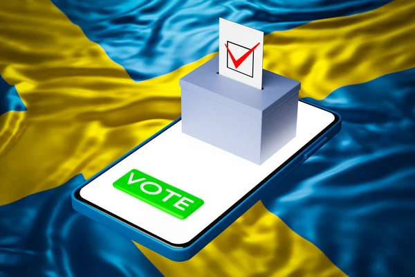 3d illustration of a voting box with a billboard standing on a smartphone, with the national flag of Sweden in the background. Online voting concept, digitalization of elections