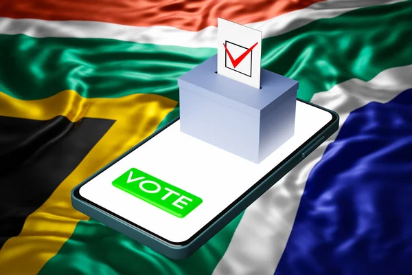 3d illustration of a voting box with a billboard standing on a smartphone, with the national flag of South African Republi