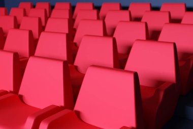 Tiyatroda aynı kırmızı çizgi film yumuşak sandalyeleri üç boyutlu olarak canlandırın. Sandalyeli neon güzel bir sinema anlayışı