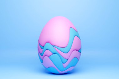Dalgalar şeklinde pembe ve mavi renklerde boyanmış bir tavuk yumurtasının üç boyutlu çizimi. Paskalya yumurtaları