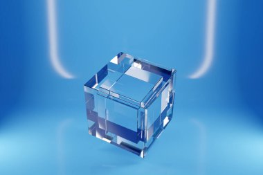 Beyaz neon ışığın altında mavi bir arkaplanda şeffaf cam bir küpün 3 boyutlu çizimi. Basit üç boyutlu geometrik figür. Siber top şekli