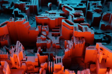 Robotun gerçekçi bir modelinin 3 boyutlu çizimi veya mavi ve kırmızı siber zırh. Kripto-bitcoin madenciliği için yakın çekim ekipmanı; eter. Video kartları; anakartlar