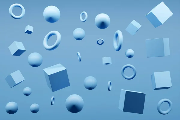 Close Blauwe Monocrome Illustratie Verschillende Geometrische Vormen Kubus Cilinder Bol — Stockfoto