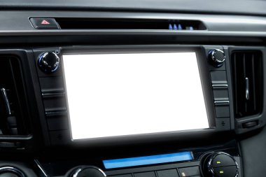 Tasarım, radyo, oyuncu ve kontrol düğmeleri için beyaz monitörlü bir araç paneline yakın plan