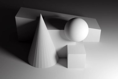 Gölgeli siyah ve beyaz geometrik şekilli 3d klasik natürmort yaşam: paralel kenarlı, küp, koni, top